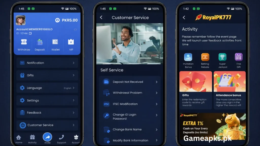 RoyalPK777 app interface showing account dashboard, customer service options, rewards, bonuses, and activity features on mobile screens.
