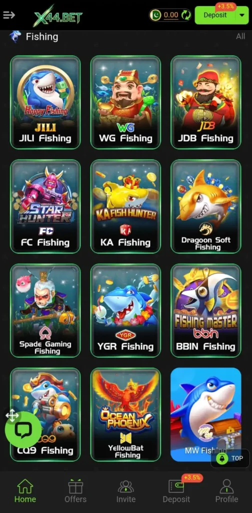 X44 Bet fishing games section with JILI Fishing, WG Fishing, JDB Fishing, FC Fishing and other fishing providers