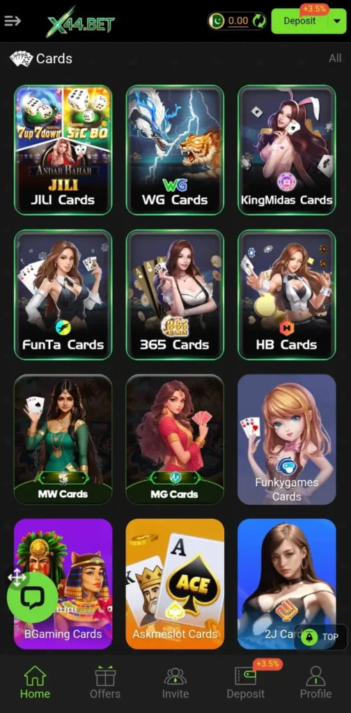 X44 Bet card games section showing JILI Cards, WG Cards, 365 Cards, HB Cards and other card game options