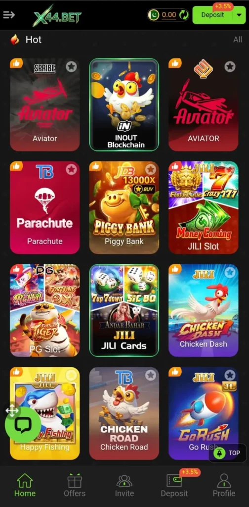 X44 Bet hot games section showing Aviator, Parachute, Piggy Bank, JILI Slot, and popular trending games