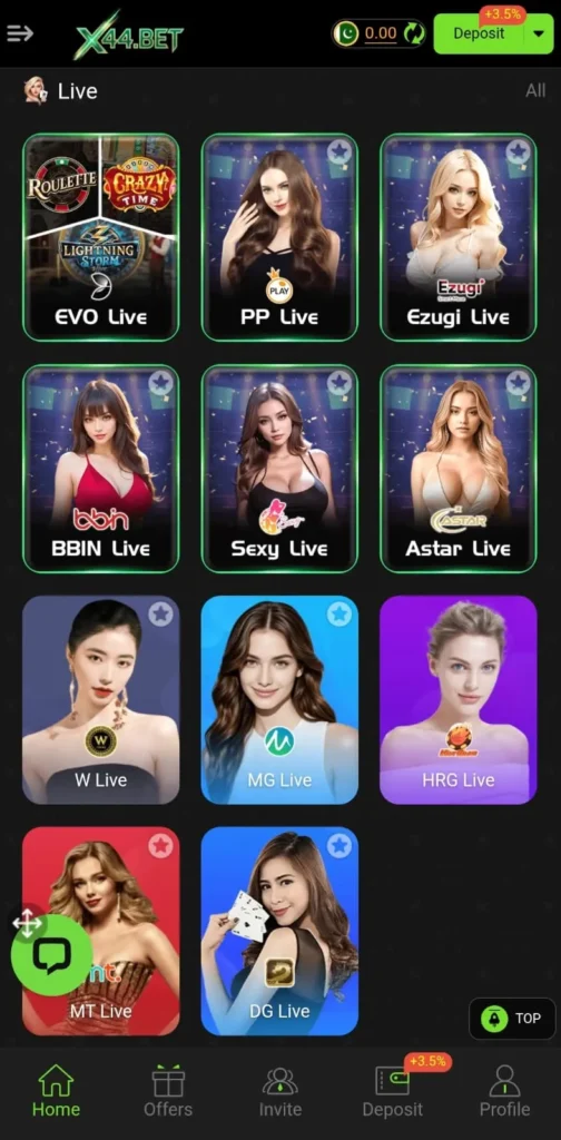 X44 Bet live section showing EVO Live, PP Live, Ezugi Live and other live game options