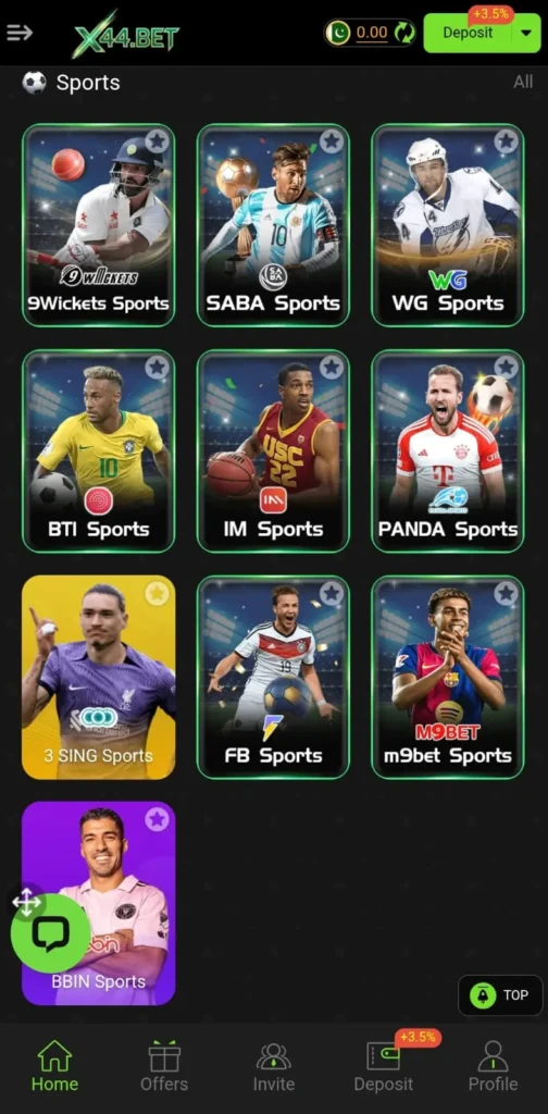 X44 Bet sports section showing multiple sports game options inside the app on Android