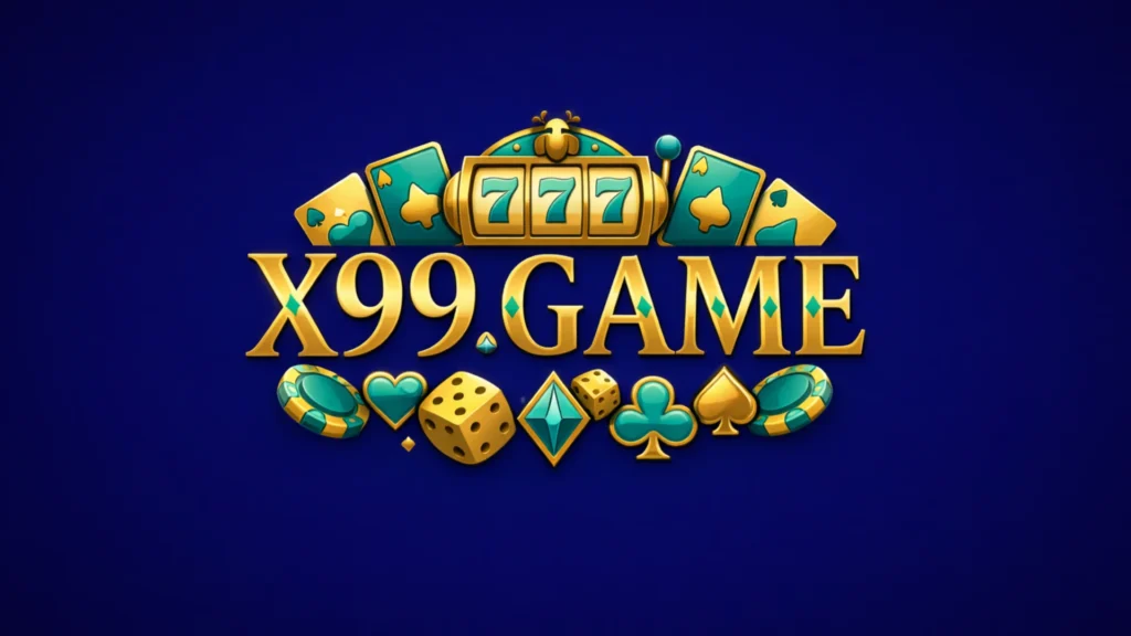 X99 GAME 777 casino style logo with gold text, playing cards, dice, and chips on a blue background