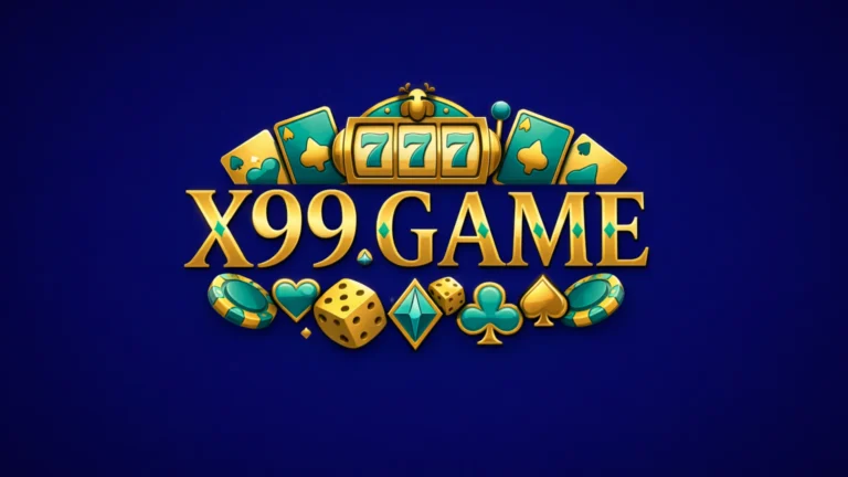 X99 GAME 777 casino style logo with gold text, playing cards, dice, and chips on a blue background