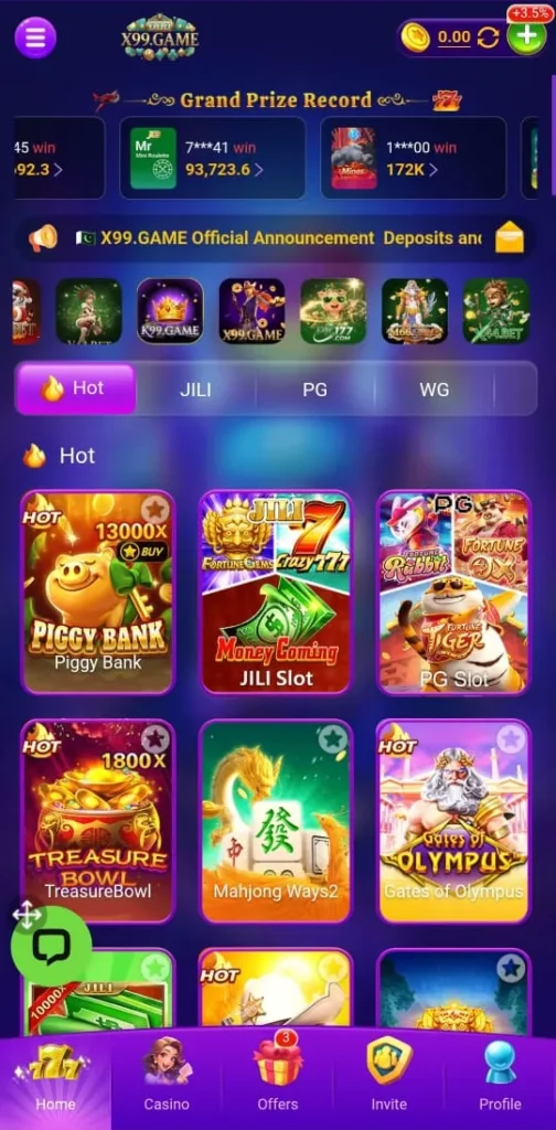 X99 Game casino section with hot slot games like Piggy Bank, JILI Slot, Fortune Tiger, Treasure Bowl, and Gates of Olympus