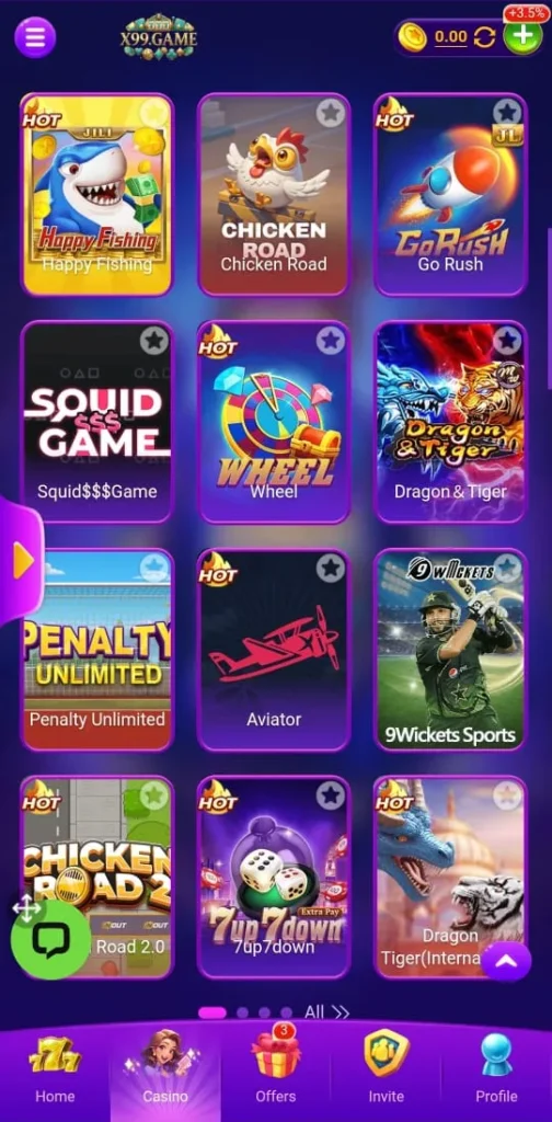 X99 Game home screen showing available games like Aviator, Dragon Tiger, Wheel, Happy Fishing, and sports options