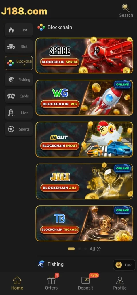 J188 Game blockchain category screen showing Spribe, WG, Inout, JILI and TBGames options