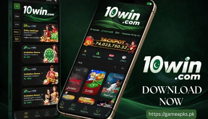10Win.com mobile app screens showing jackpots, bonuses, and casino games with download now message