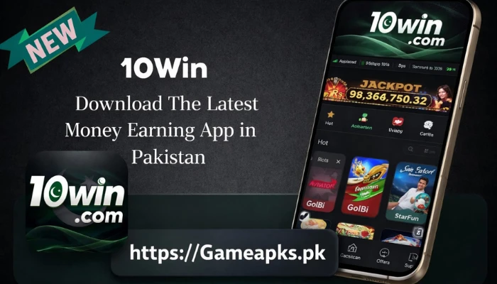 10Win money earning app interface showing casino games, jackpot amount, and download link for Pakistan users