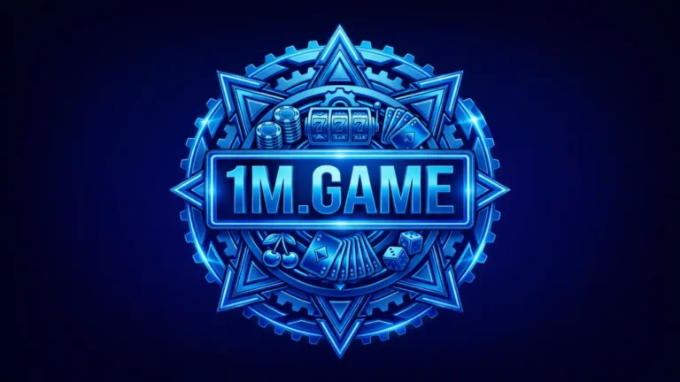 1M GAME blue metallic casino logo with slot machine, poker cards, dice, and chips on dark background