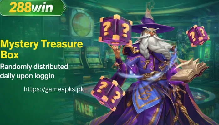 288Win Mystery Treasure Box bonus banner with wizard character and daily login reward