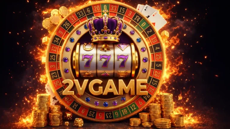 2V GAME casino logo with golden roulette wheel, triple 7 slot machine, royal crown, coins and fire special effects