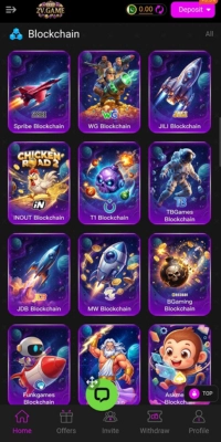 2V Game blockchain category screen showing Sprite Blockchain, WG Blockchain, JILI Blockchain and INOUT Blockchain games