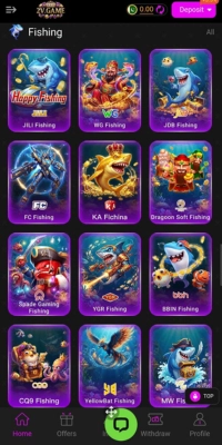 2V Game fishing category screen showing JILI Fishing, WG Fishing, JDB Fishing and Dragon Soft Fishing games