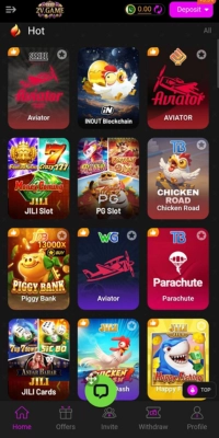 2V Game hot category screen showing Aviator, JILI Slot, PG Slot, Chicken Road, Piggy Bank and Parachute games