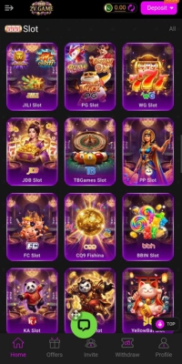 2V Game slot category interface showing multiple colorful slot games like JILI Slot, PG Slot, WG Slot and more