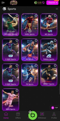 2V Game sports category screen showing 9Wickets Sports, SABA Sports, WG Sports, IM Sports and BBIN Sports
