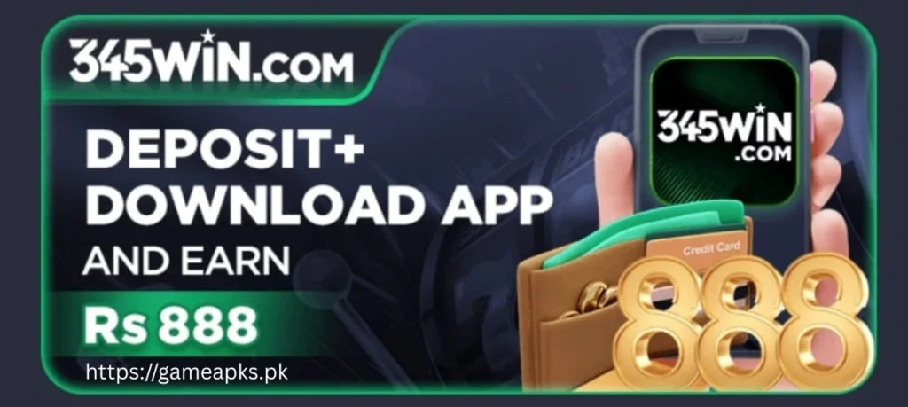 345WIN.com deposit and download app banner showing Rs 888 earning bonus with mobile and wallet design