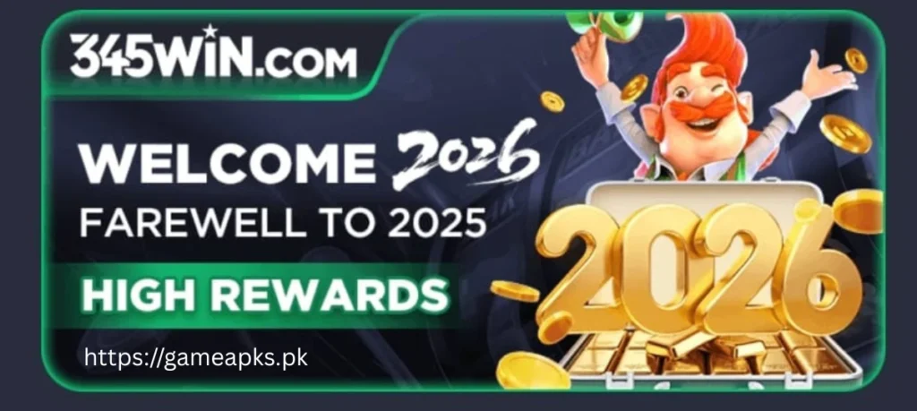 345WIN Game welcome 2026 banner with cartoon character, gold coins and high rewards promotion