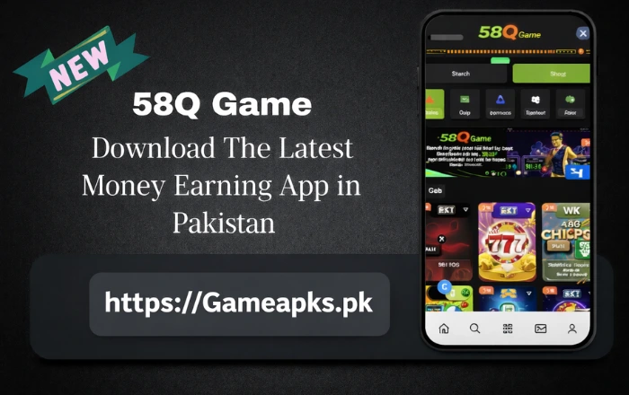 58Q Game money earning app for Android showing game dashboard and download link from Gameapks.pk
