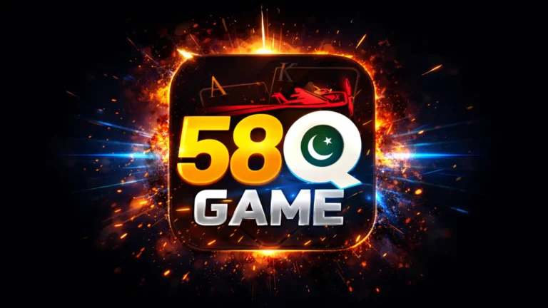 58Q GAME logo with fiery special effects, bold 3D text, Pakistan crescent star Q design, and glowing neon border on dark background