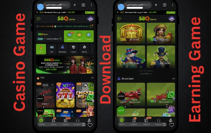 58Q Game app showing casino games and earning games interface with download option on Android