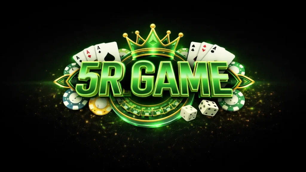 5R Game casino-style green and gold logo with crown, playing cards, poker chips, and dice on black background.