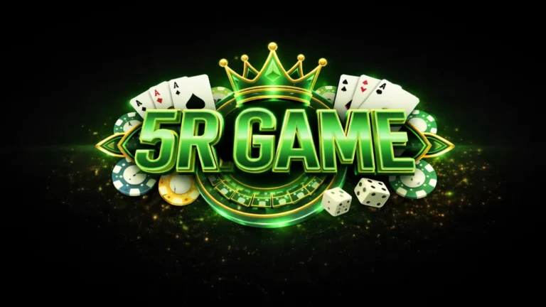 5R Game casino-style green and gold logo with crown, playing cards, poker chips, and dice on black background.