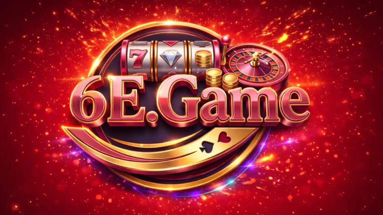 6E Game 4K casino logo with glowing red background, slot machine, roulette wheel, gold coins and special light effects