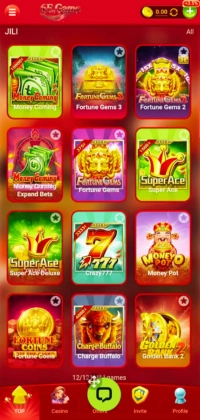 6E Game JILI slot games screen showing Fortune Gems, Super Ace, Crazy 777, Money Pot and other casino games