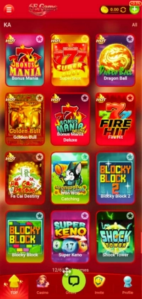 6E Game KA slot games screen featuring Bonus Mania, Super Shot, Dragon Ball, Fire Hit, Blocky Block and Super Keno