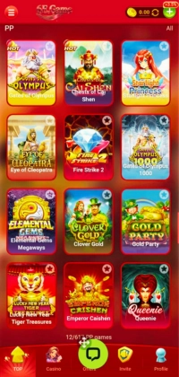 6E Game PP slot games screen showing Gates of Olympus, Fire Strike 2, Eye of Cleopatra, Clover Gold and Gold Party