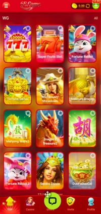 6E Game WG slot games screen showing Super Fruit Slot 777, Fortune Rabbit, Wild Bounty Showdown, Mahjong Ways and Dragon Treasure