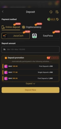 777SZ game deposit page showing online deposit, JazzCash, EasyPaisa and bonus promotions