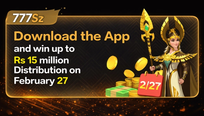 777SZ app download promotion banner with Rs 15 million prize distribution and golden warrior character