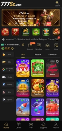 777SZ game home screen with slot games, wallet balance, hot games and navigation menu