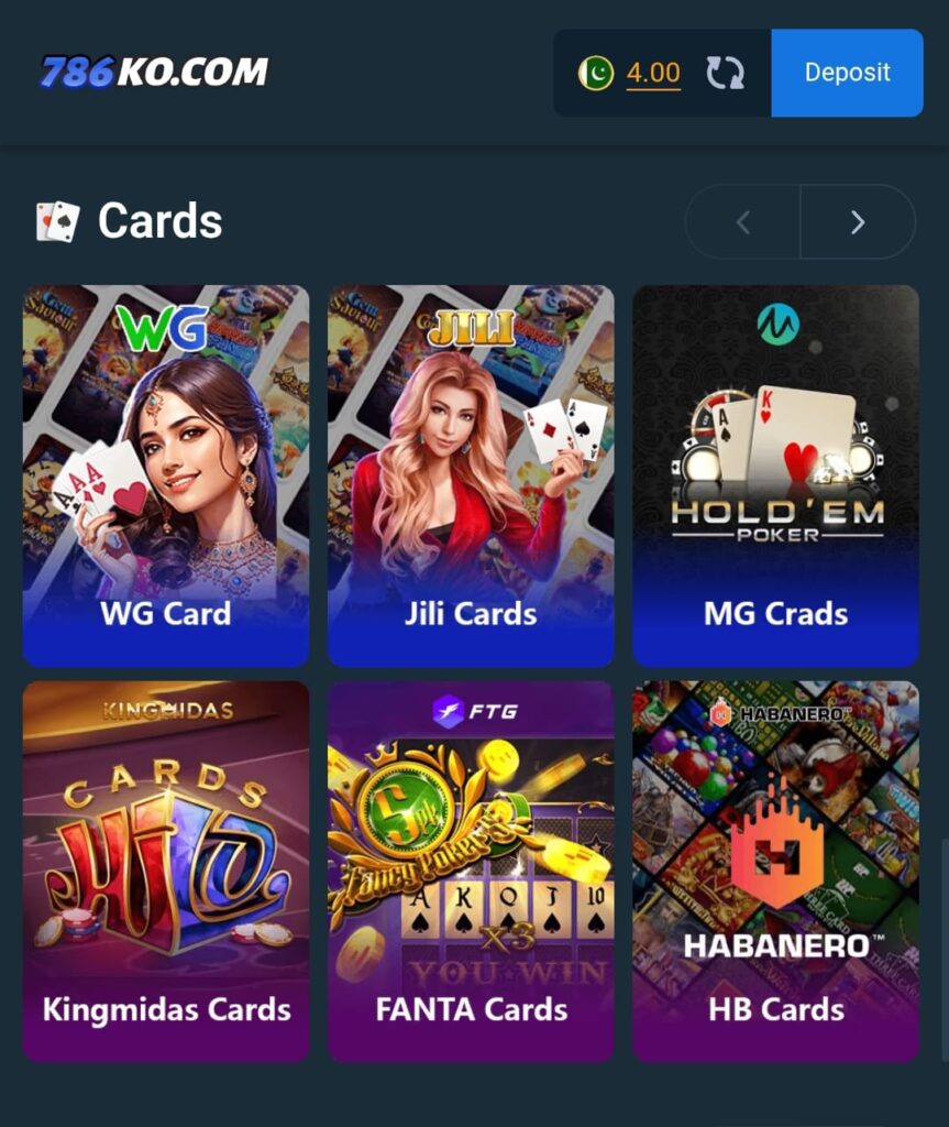 786KO Cards section showing WG Card, Jili Cards, MG Cards, Kingmidas, FANTA and HB card games