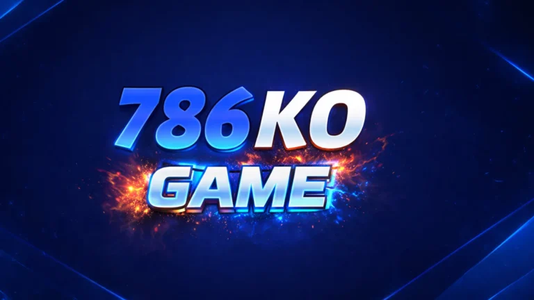 786KO Game logo with blue 3D text and fiery special effect on dark blue background