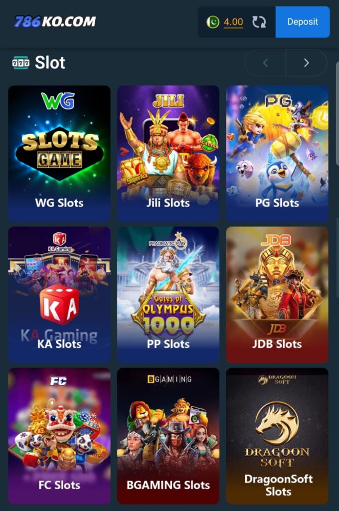 786KO Slot games section with WG Slots, Jili Slots, PG Slots, PP Slots, JDB and DragoonSoft