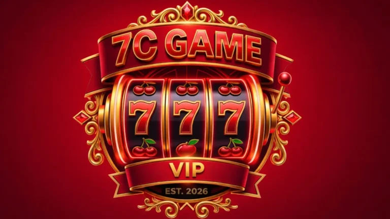7C Game VIP slot machine logo with red background, golden frame, triple 777 reels and luxury casino style design