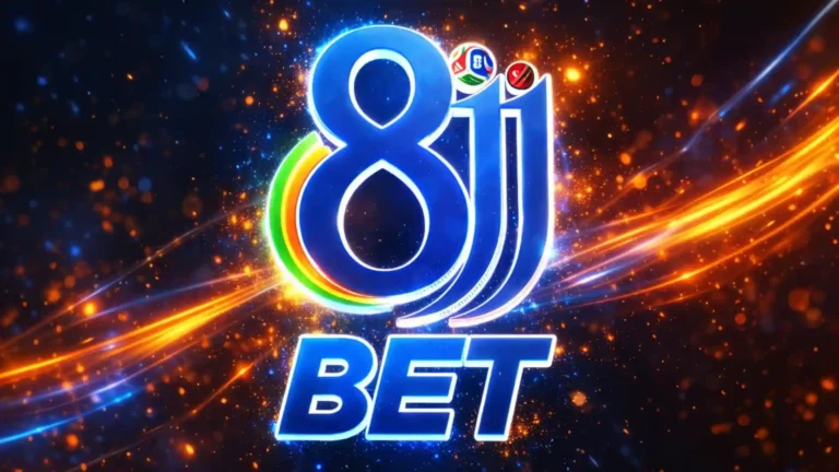 8JJ BET gaming logo with blue gradient text, rainbow swoosh effect, and glowing electric special effects on dark background.