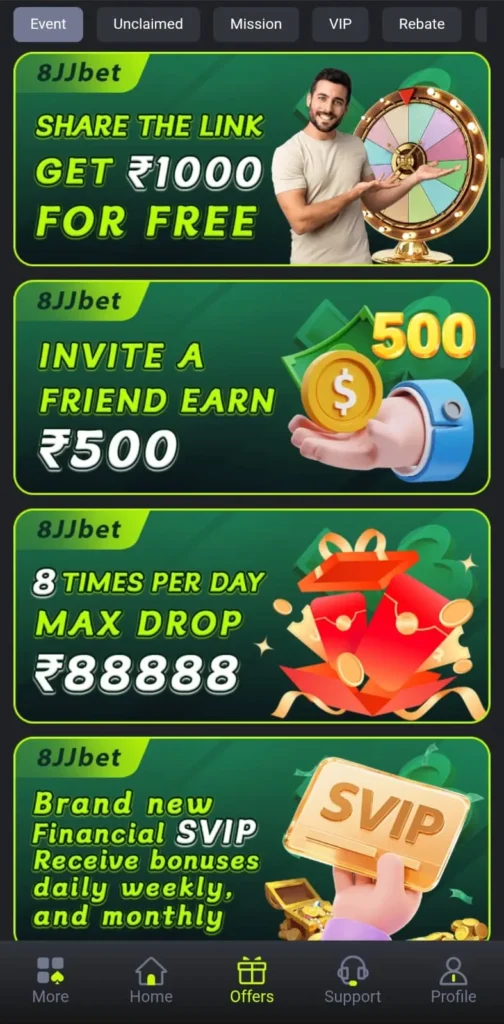 8JJBet Game referral and bonus offers showing share link reward, invite friend bonus, max drop reward, and SVIP membership benefits.