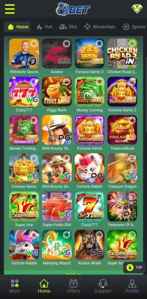 8JJBet Game slot library showing multiple online casino games like Crazy777, Fortune Gems, Piggy Bank, and Wild Bounty.