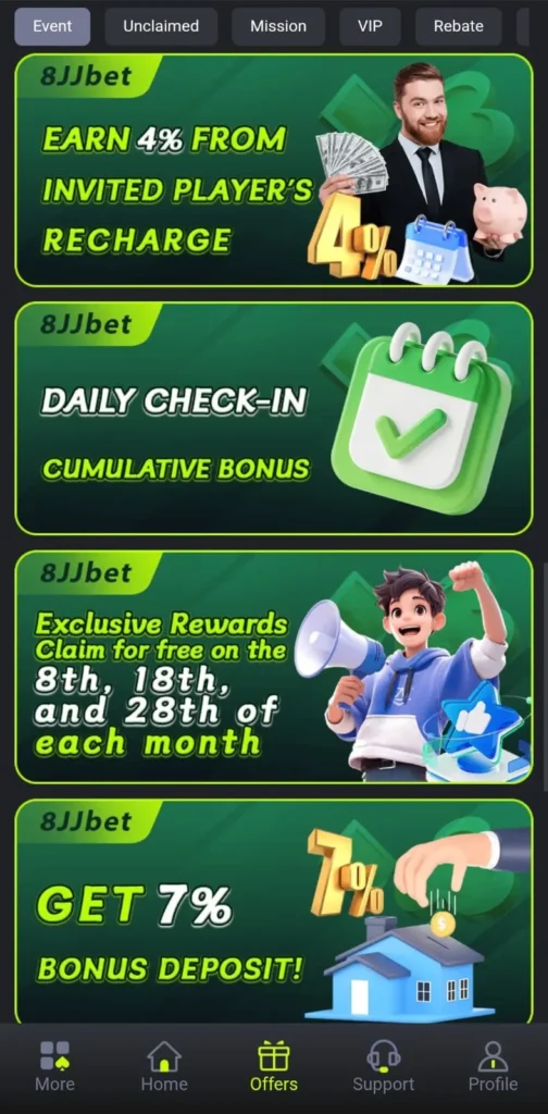 8JJBet Game rewards screen showing 4 percent recharge bonus, daily check-in bonus, exclusive monthly rewards, and 7 percent deposit bonus offer.