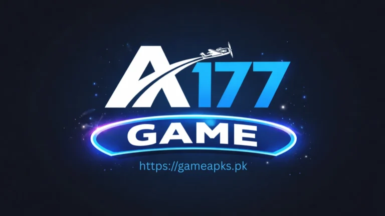 A177 GAME logo in 4K resolution with white and blue typography, jet graphic above the letter A, and glowing blue neon banner on dark background.