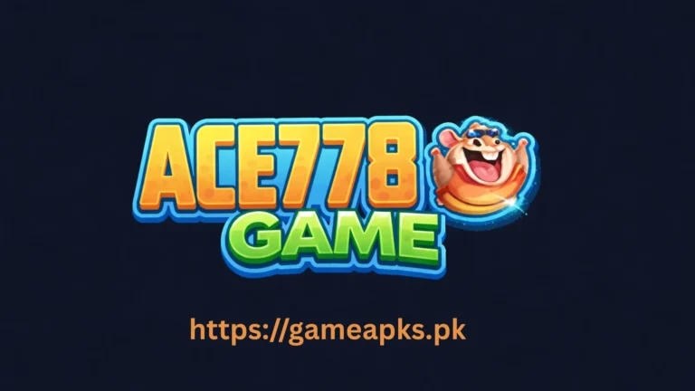 Ace778 Game logo with colorful 3D text, cartoon mascot, and gameapks.pk website link on dark blue background.