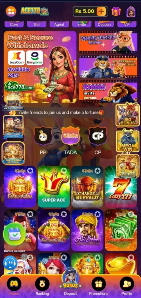 Ace778 Game fast and secure withdrawal screen with JazzCash and Easypaisa payment options.