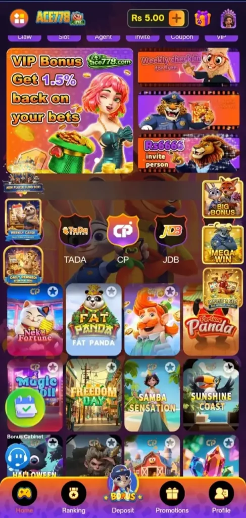 Ace778 Game home dashboard showing VIP bonus offer, slot games, deposit option and promotional banners.