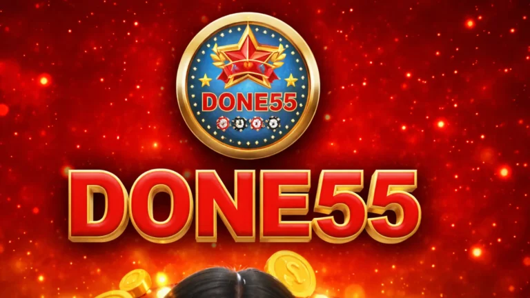 DONE55 Game official logo banner with red and gold design, star emblem, and coin graphics on glowing background