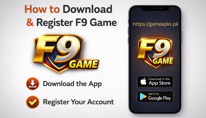 How to Download and Register F9 Game on Android and iPhone 4K banner with app logo and smartphone mockup